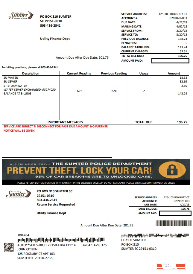 USA City of Sumter South Carolina water utility bill template in Word and PDF format